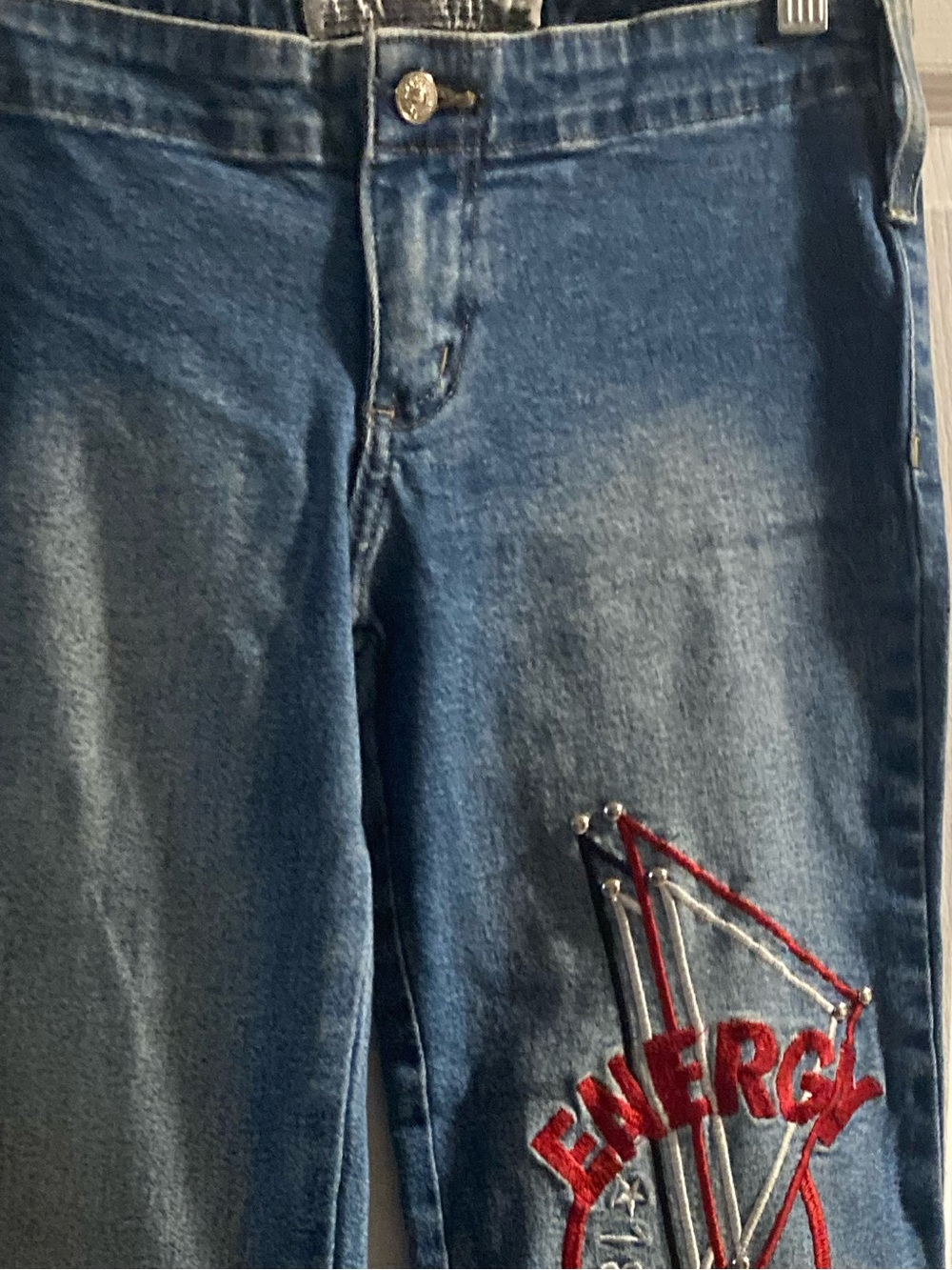 Blue Embroidered Flare Jeans with Red Logo Detail